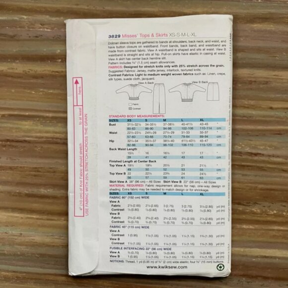 UNCUT Sewing Pattern Kwik Sew 3829 Misses Dolman Top Fancy Waistband Skirt XS-XL - Picture 2 of 2